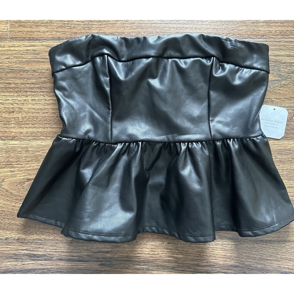 Altard State Black Katrine Vegan Faux Leather Strapless Peplum Tube Top M Junior